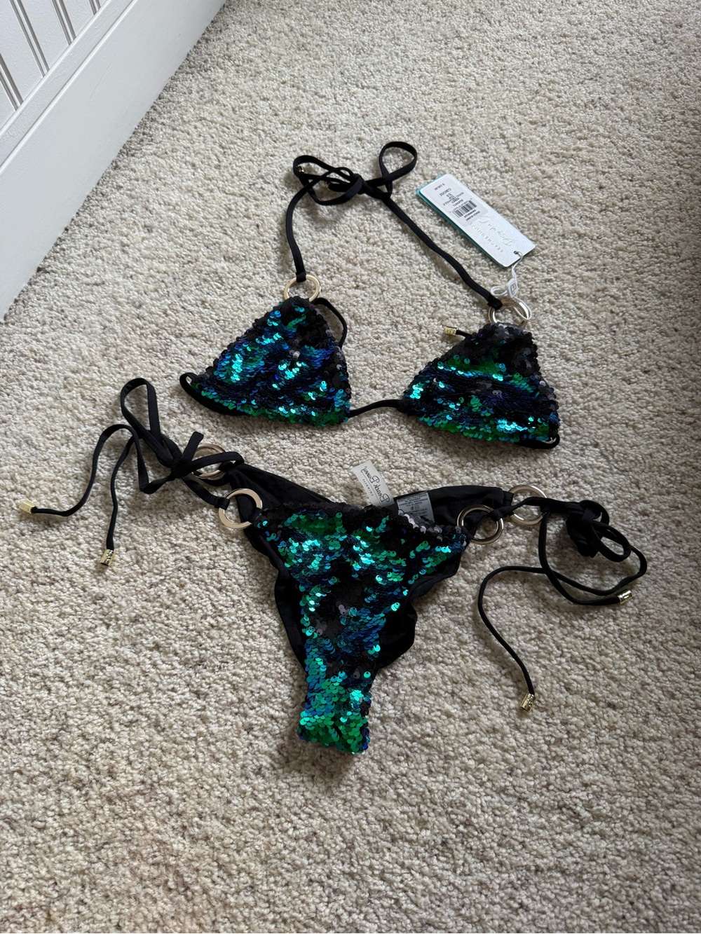 Beach Bunny Black Bikini with Green and Blue Sequins